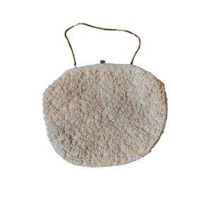 Shimmer Beaded Ivory Purse With Gold Chain Handle & Satin Lining